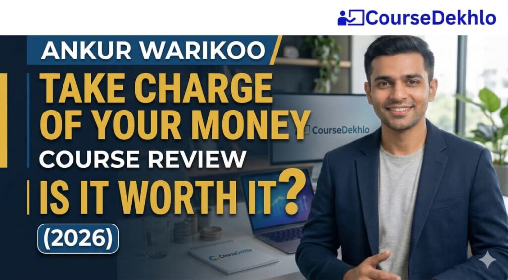 Featured image for a CourseDekhlo review of Ankur Warikoo’s "Take Charge of Your Money" course, featuring a professional 25-year-old Indian man in an office setting. Text overlay reads: "Ankur Warikoo Take Charge of Your Money Course Review: Is It Worth It? (2026)" with the CourseDekhlo logo prominently displayed on a notebook and monitor.
