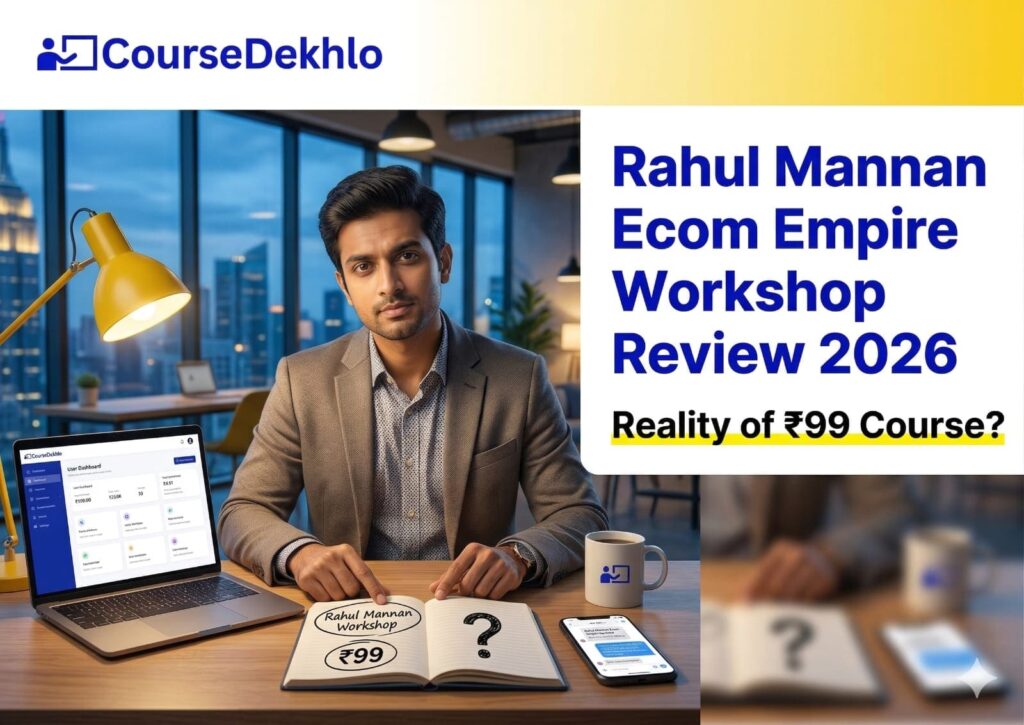 A professional review banner for CourseDekhlo featuring a digital illustration of a person working on a laptop with "Dropshipping Secrets" on the screen. The image includes icons representing a ₹99 price tag, a magnifying glass, and stacks of coins, with the bold title: "Rahul Mannan Ecom Empire Workshop Review 2026: Reality of ₹99 Course?