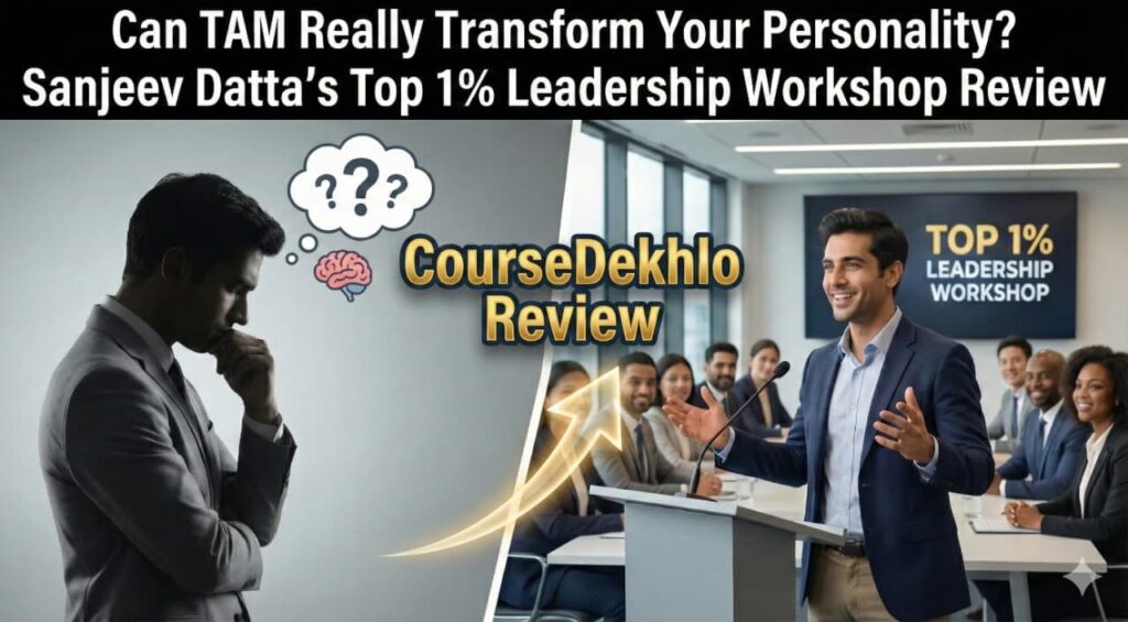 Split-screen featured image with the title "Can TAM Really Transform Your Personality? Sanjeev Datta’s Top 1% Leadership Workshop Review". The left side shows a man in a grey suit in a thoughtful, doubtful pose with question marks and a brain icon. A golden arrow points to the right side, which shows the same man in a blue suit speaking confidently at a podium at the "TOP 1% LEADERSHIP WORKSHOP". The text "CourseDekhlo Review" is prominently displayed in gold in the center.