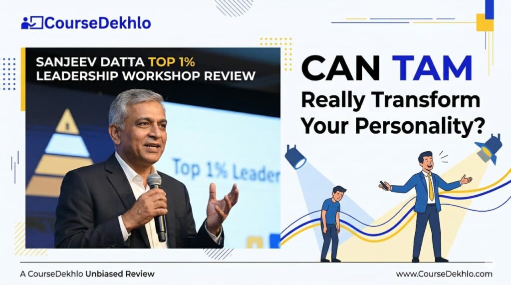 Split-screen featured image with the title "Can TAM Really Transform Your Personality? Sanjeev Datta’s Top 1% Leadership Workshop Review". The left side shows a man in a grey suit in a thoughtful, doubtful pose with question marks and a brain icon. A golden arrow points to the right side, which shows the same man in a blue suit speaking confidently at a podium at the "TOP 1% LEADERSHIP WORKSHOP". The text "CourseDekhlo Review" is prominently displayed in gold in the center.