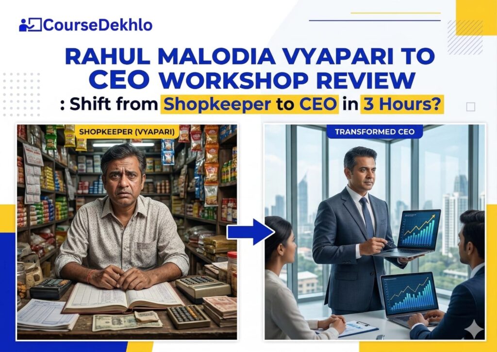 A split-screen comparison for Rahul Malodia's Vyapari to CEO workshop review; the left side shows a stressed shopkeeper in a traditional grocery store, and the right side shows a confident professional CEO in a modern corporate office with a growth chart.