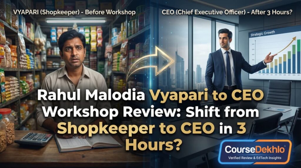 A split-screen comparison for Rahul Malodia's Vyapari to CEO workshop review; the left side shows a stressed shopkeeper in a traditional grocery store, and the right side shows a confident professional CEO in a modern corporate office with a growth chart.