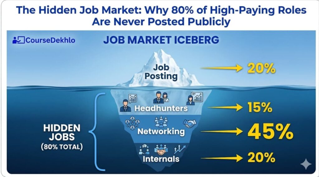 An infographic titled “Job Market Iceberg” showing an iceberg in blue tones. The top visible portion labeled “Job Posting – 25%” represents publicly advertised jobs. Below the waterline, labeled “Hidden Jobs,” are three sections: “Headhunters – 15%,” “Networking – 45%,” and “Internals – 15%.” The visual suggests that 80% of high-paying roles are filled through hidden channels rather than public job postings. The CourseDekho logo appears in the top left corner.