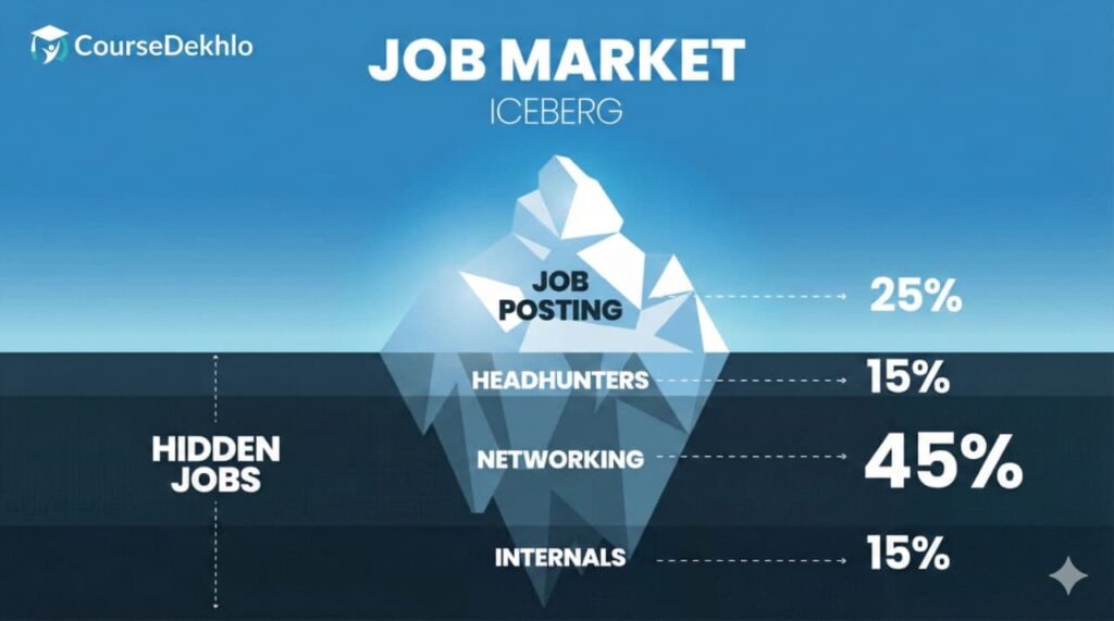 An infographic titled “Job Market Iceberg” showing an iceberg in blue tones. The top visible portion labeled “Job Posting – 25%” represents publicly advertised jobs. Below the waterline, labeled “Hidden Jobs,” are three sections: “Headhunters – 15%,” “Networking – 45%,” and “Internals – 15%.” The visual suggests that 80% of high-paying roles are filled through hidden channels rather than public job postings. The CourseDekho logo appears in the top left corner.
