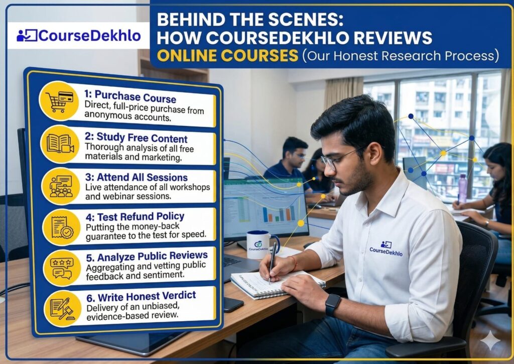 A professional team in an office setting, with a primary monitor displaying the six steps of the "CourseDekhlo Research Process